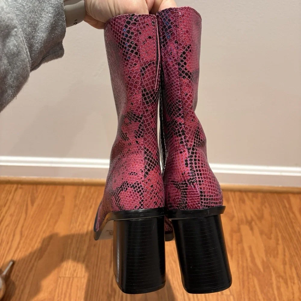 New Vtg Y2K Mainframe Magenta‎ Chunky Block Heel Leather Boot Square Toe 7 Bratz - Picture 8 of 13